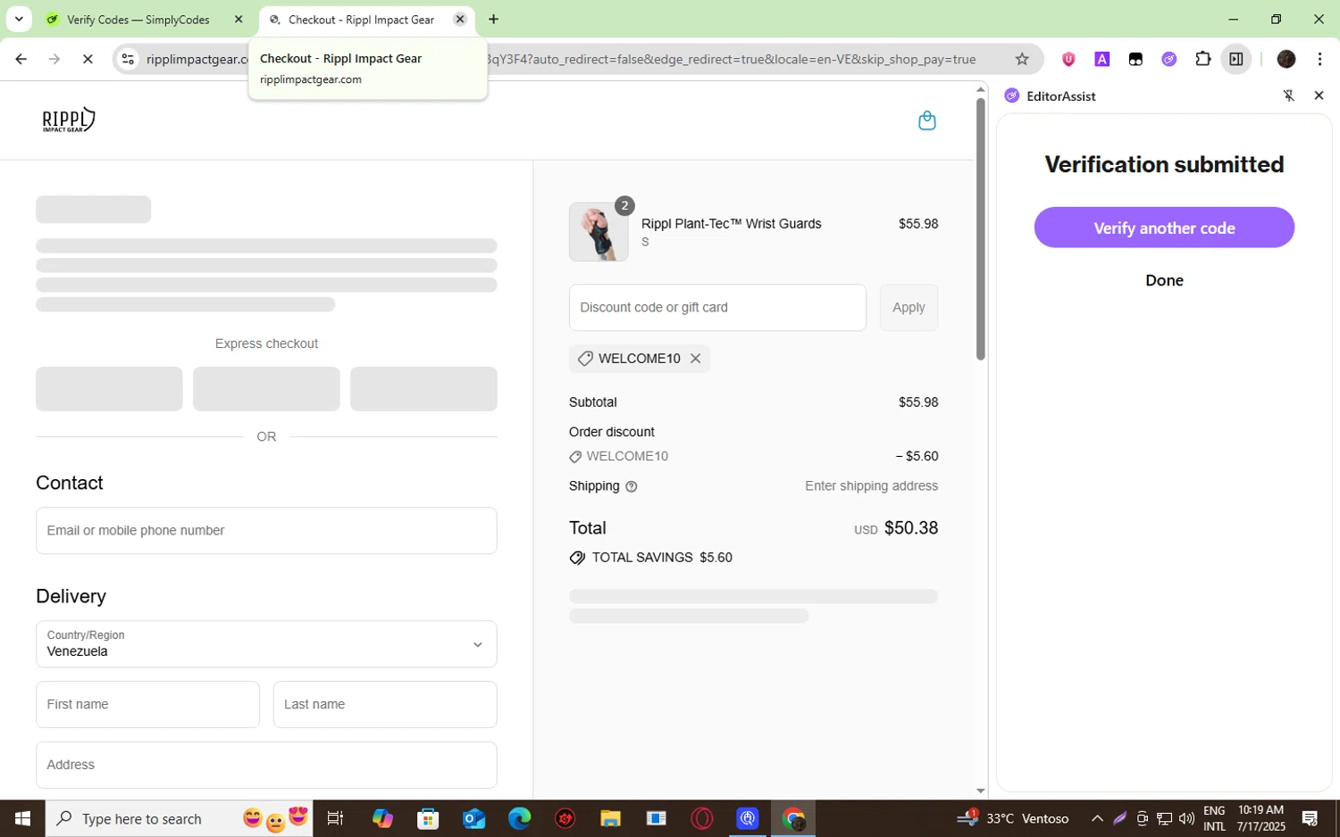 Rippl Impact Gear discount code screenshot showing code WELCOME10 applied at Rippl Impact Gear checkout page. Uploaded by SimplyCodes community member fghfgefds2 on Jul 17, 2025