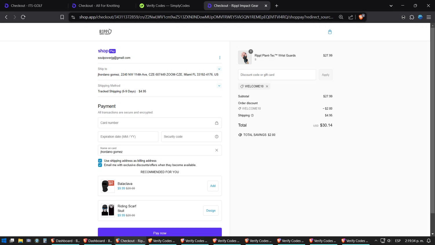 Rippl Impact Gear discount code screenshot showing code WELCOME10 applied at Rippl Impact Gear checkout page. Uploaded by SimplyCodes community member Jgomez on Feb 26, 2025