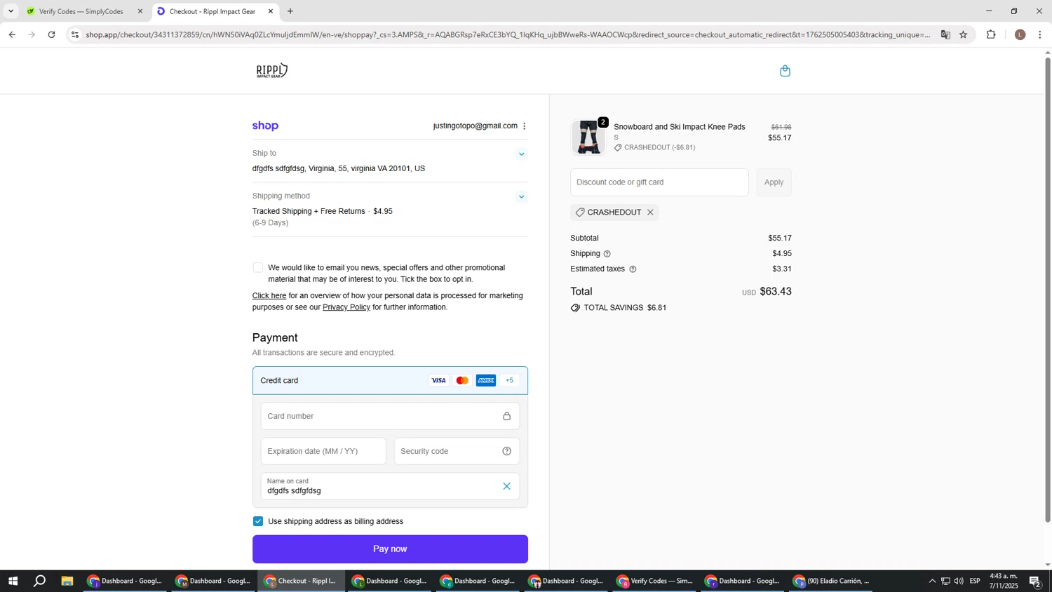 Rippl Impact Gear discount code screenshot showing code CRASHEDOUT applied at Rippl Impact Gear checkout page. Uploaded by SimplyCodes community member BENELLI on Nov 7, 2025