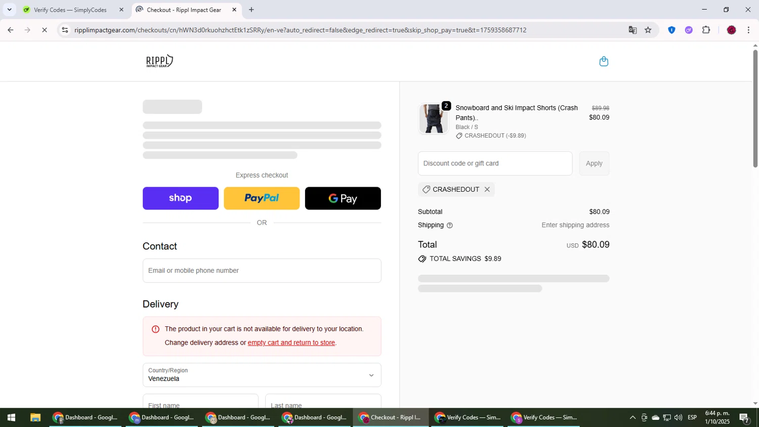 Rippl Impact Gear discount code screenshot showing code CRASHEDOUT applied at Rippl Impact Gear checkout page. Uploaded by SimplyCodes community member MightyLegend6657 on Oct 1, 2025