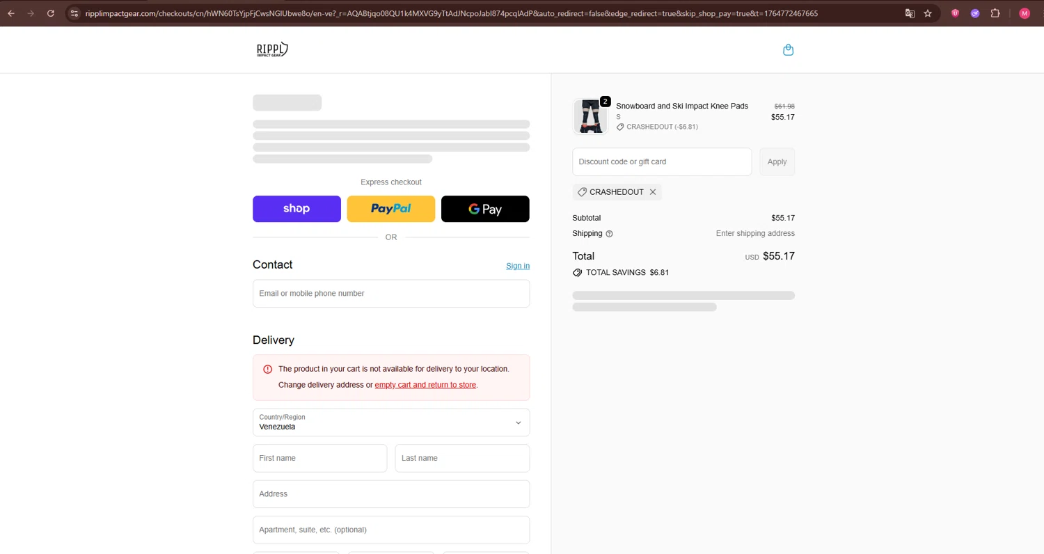 Rippl Impact Gear discount code screenshot showing code CRASHEDOUT applied at Rippl Impact Gear checkout page. Uploaded by SimplyCodes community member WiseGuardian9582 on Dec 3, 2025
