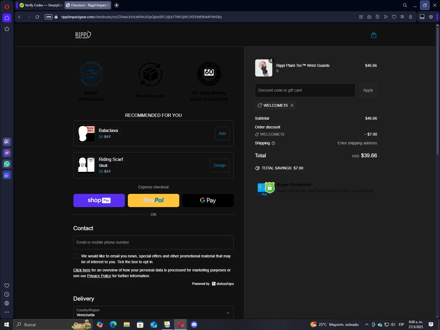 Rippl Impact Gear discount code screenshot showing code WELCOME15 applied at Rippl Impact Gear checkout page. Uploaded by SimplyCodes community member GrimmKing on Mar 27, 2025