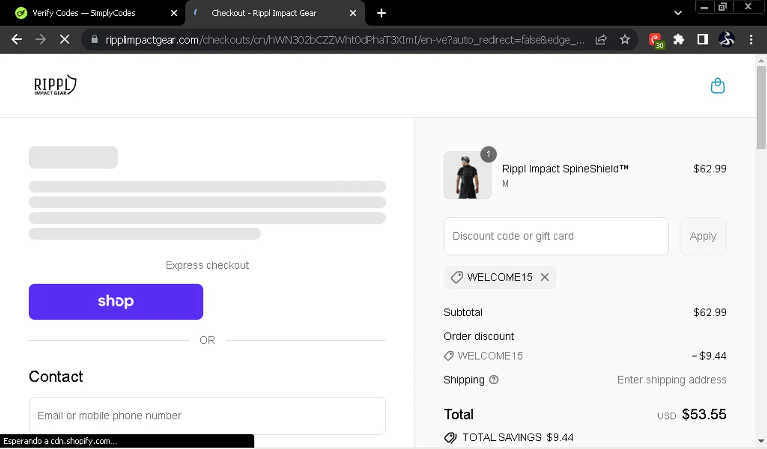 Rippl Impact Gear discount code screenshot showing code WELCOME15 applied at Rippl Impact Gear checkout page. Uploaded by SimplyCodes community member SwiftOwl697 on Sep 15, 2025