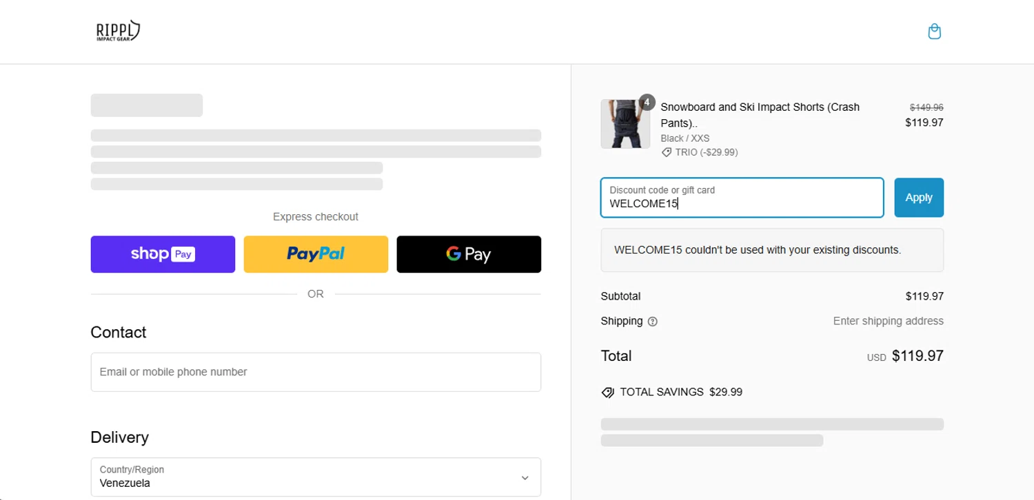 Rippl Impact Gear discount code screenshot showing code WELCOME15 applied at Rippl Impact Gear checkout page. Uploaded by SimplyCodes community member CouponCurator5931 on Feb 26, 2025