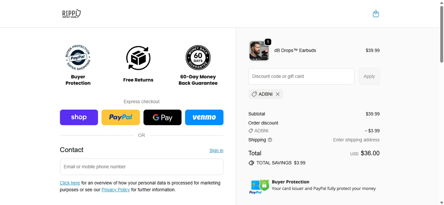 Rippl Impact Gear promo code screenshot showing code ADBNI applied at Rippl Impact Gear checkout page. Uploaded by SimplyCodes community member ValueElite1660 on May 30, 2026
