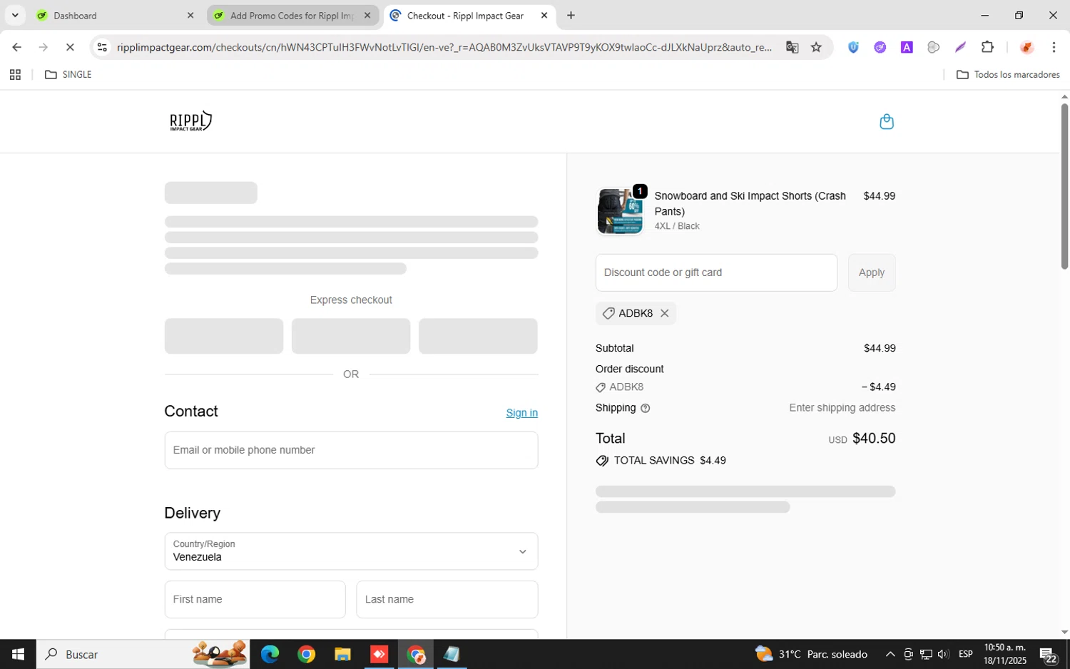 Rippl Impact Gear discount code screenshot showing code ADBK8 applied at Rippl Impact Gear checkout page. Uploaded by SimplyCodes community member chemozavala on Nov 18, 2025