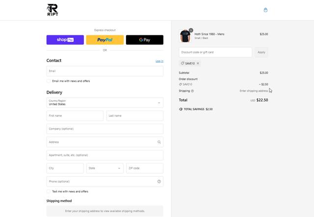 RIPT Apparel checkout page showing RIPT Apparel promo code box | Screenshot taken by SimplyCodes community member on Feb 20, 2025