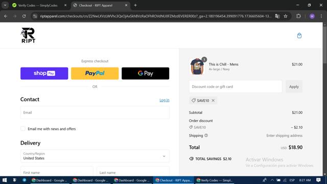 RIPT Apparel checkout page showing RIPT Apparel promo code box | Screenshot taken by SimplyCodes community member on Jan 11, 2025