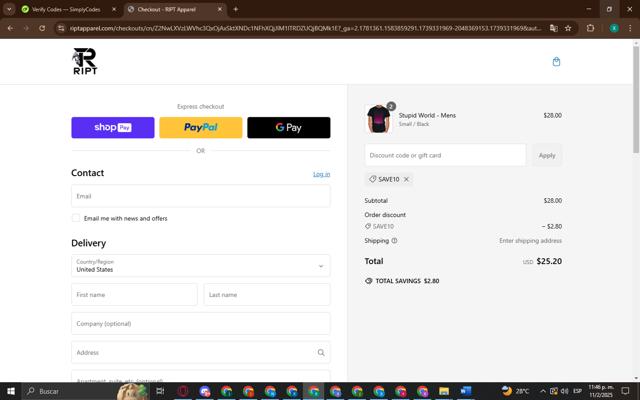 RIPT Apparel checkout page showing RIPT Apparel promo code box | Screenshot taken by SimplyCodes community member on Feb 12, 2025