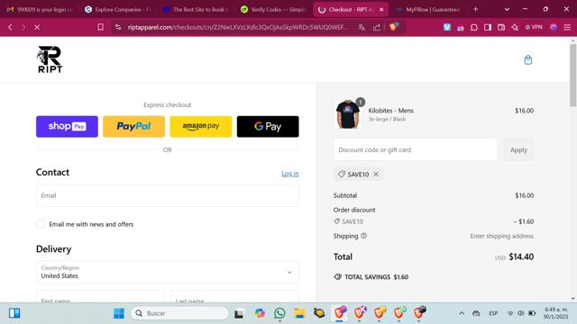 RIPT Apparel checkout page showing RIPT Apparel promo code box | Screenshot taken by SimplyCodes community member on Jan 30, 2025