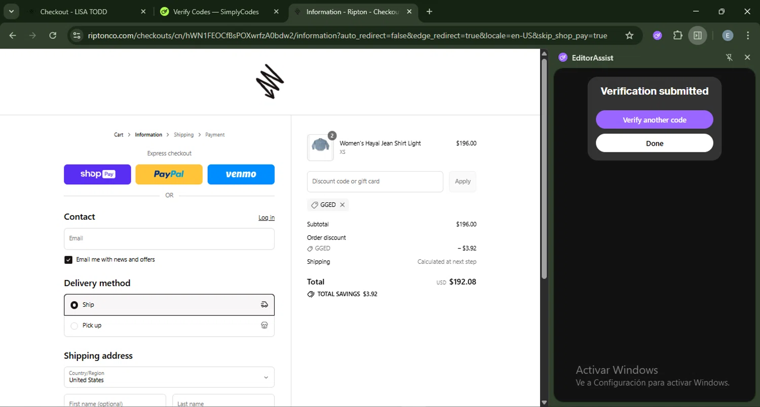 Ripton & Co. discount code screenshot showing code GGED applied at Ripton & Co. checkout page. Uploaded by SimplyCodes community member ExtraordinaryMonarch4598 on Jul 31, 2025