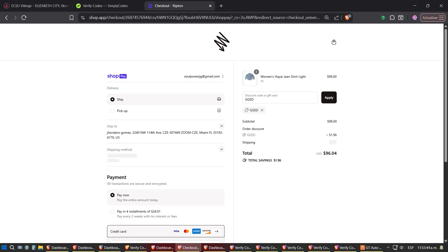 Ripton & Co. discount code screenshot showing code GGED applied at Ripton & Co. checkout page. Uploaded by SimplyCodes community member Phoenix on Jul 31, 2025