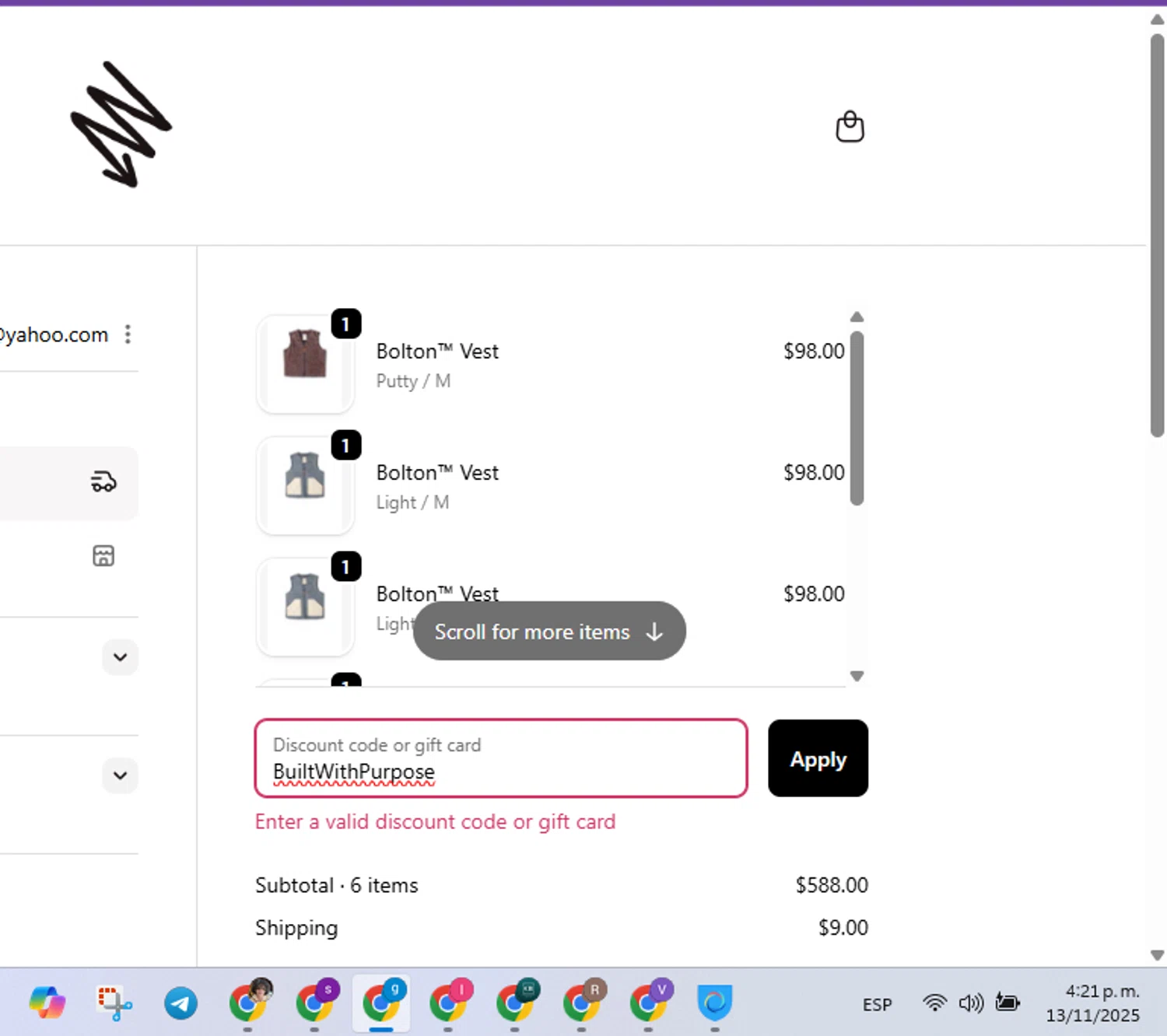 Ripton & Co. discount code screenshot showing code BuiltWithPurpose applied at Ripton & Co. checkout page. Uploaded by SimplyCodes community member FrugalVirtuoso6318 on Nov 13, 2025