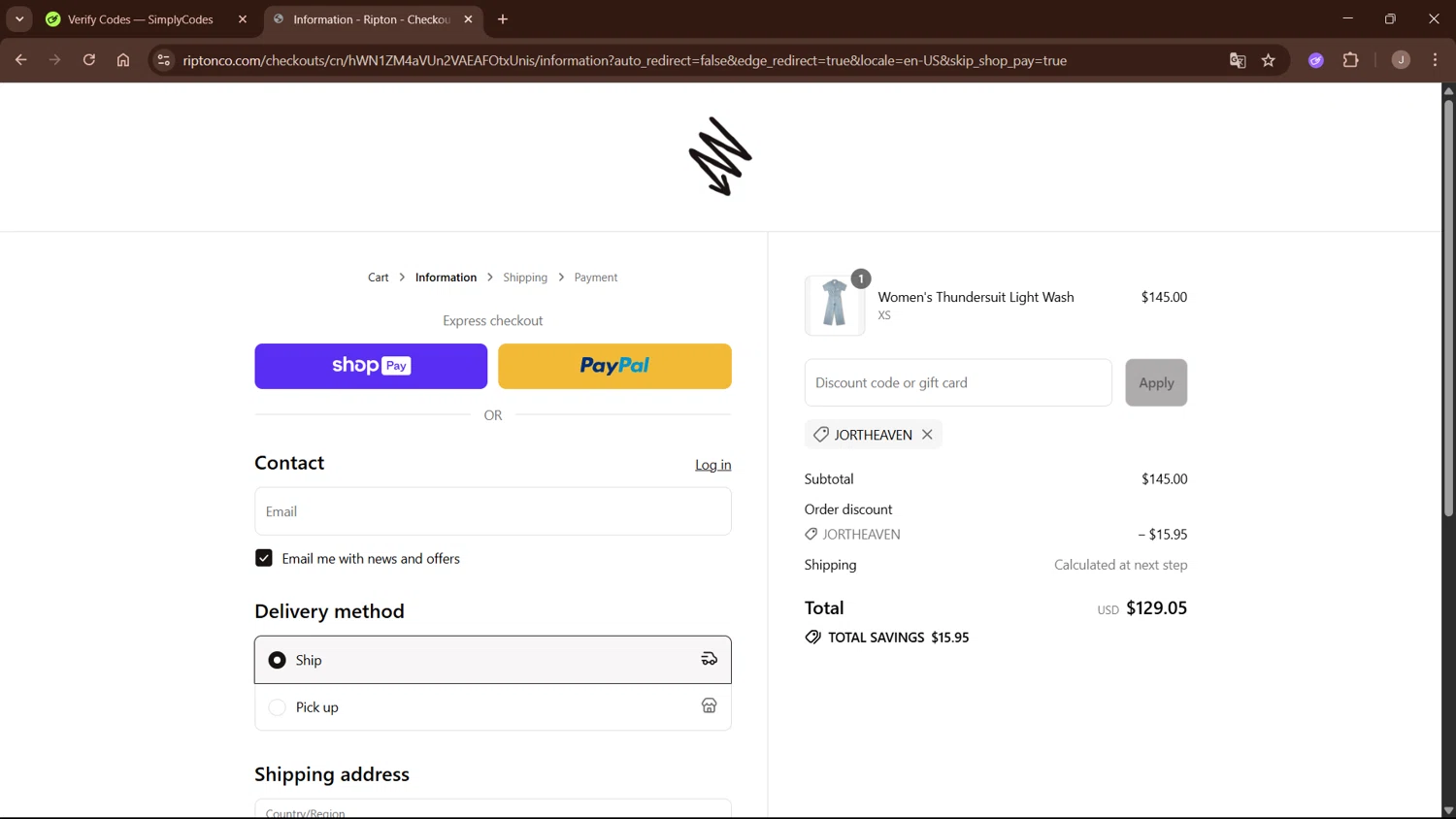 Ripton & Co. discount code screenshot showing code JortHeaven applied at Ripton & Co. checkout page. Uploaded by SimplyCodes community member WisePro3955 on Aug 8, 2025
