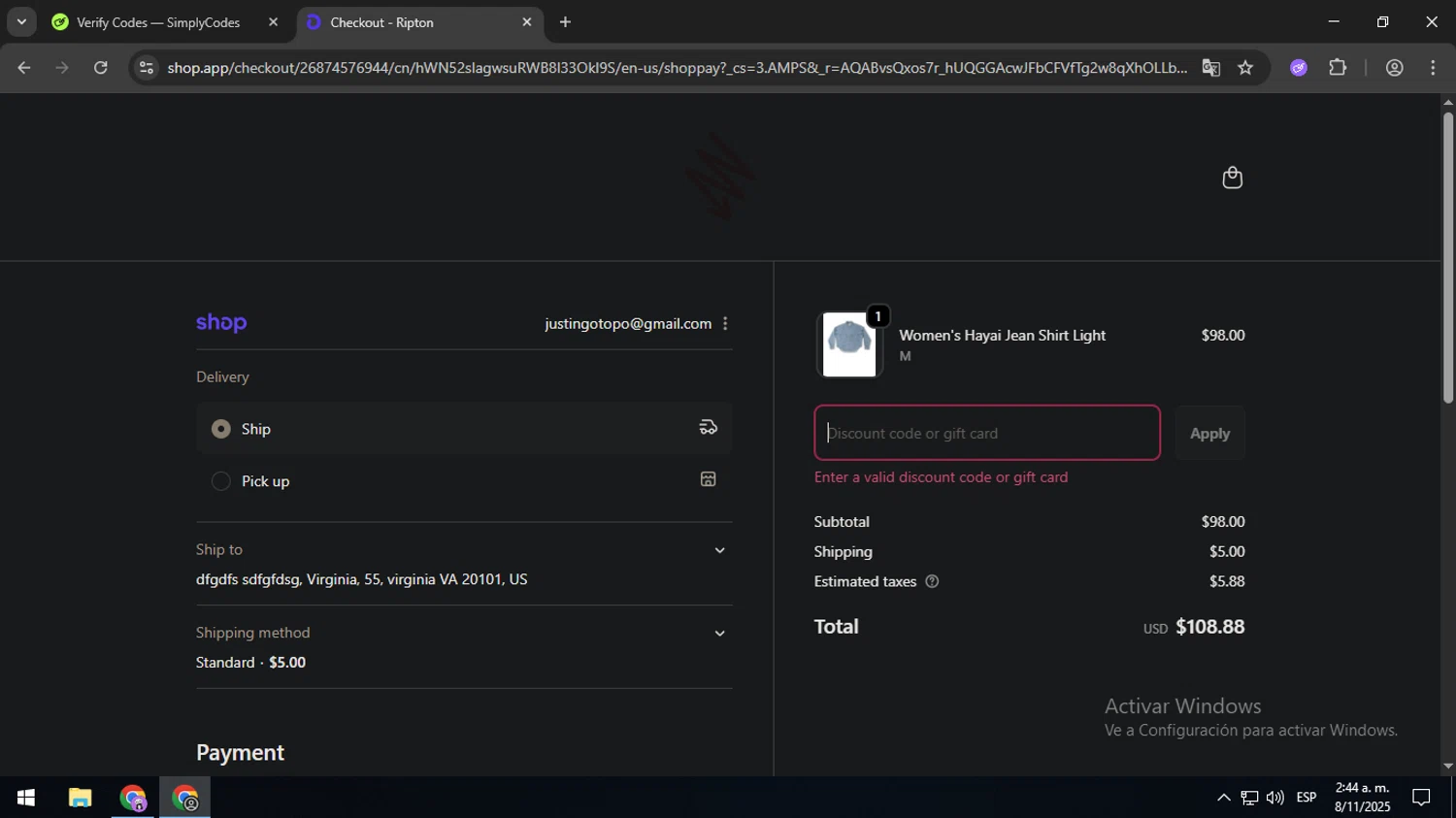 Ripton & Co. discount code screenshot showing code QUINN applied at Ripton & Co. checkout page. Uploaded by SimplyCodes community member SavingsMaven1223 on Nov 8, 2025