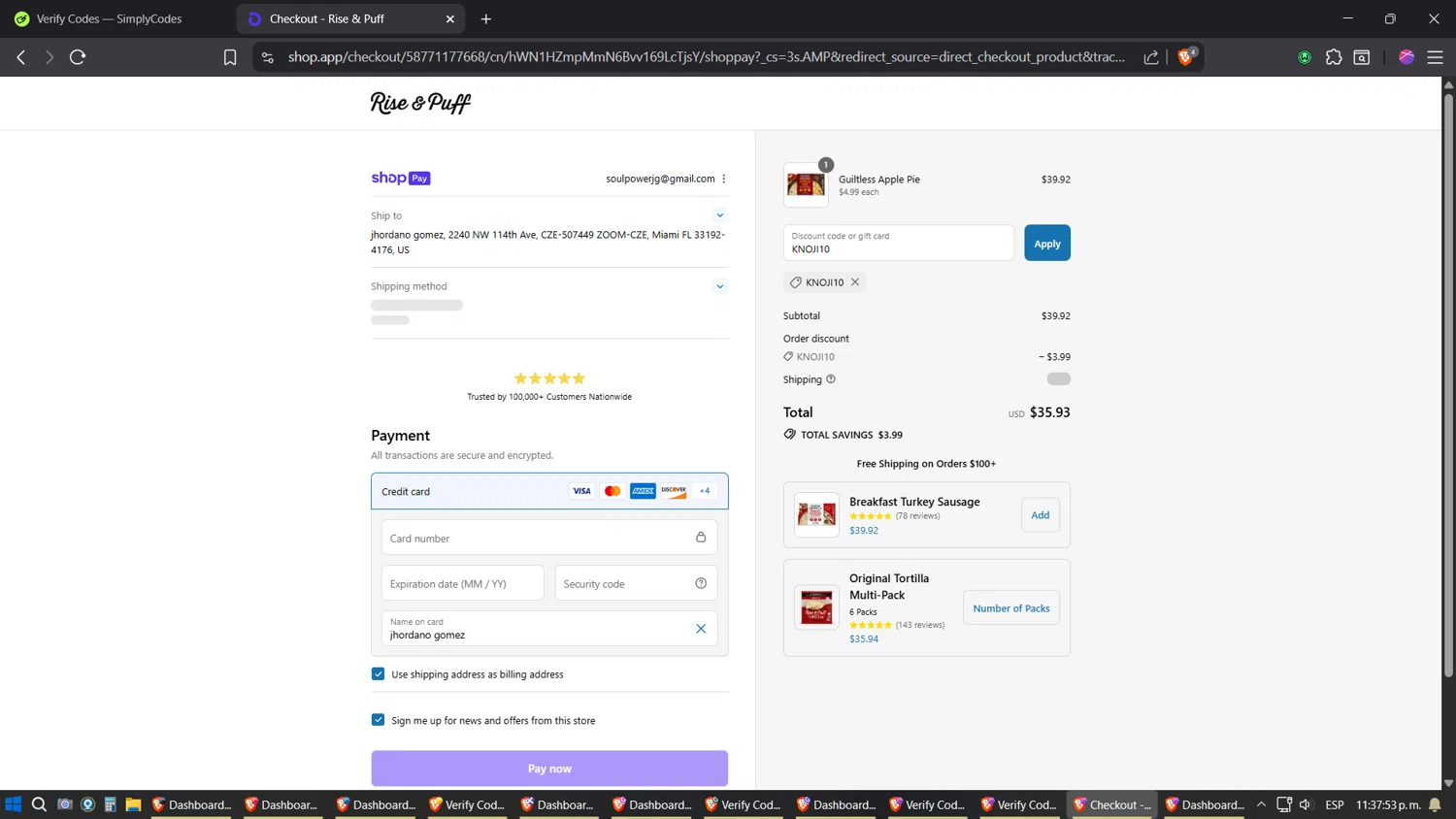 Rise & Puff Tortillas promo code screenshot showing code KNOJI10 applied at Rise & Puff Tortillas checkout page. Uploaded by SimplyCodes community member Sesshomaru on Aug 1, 2025
