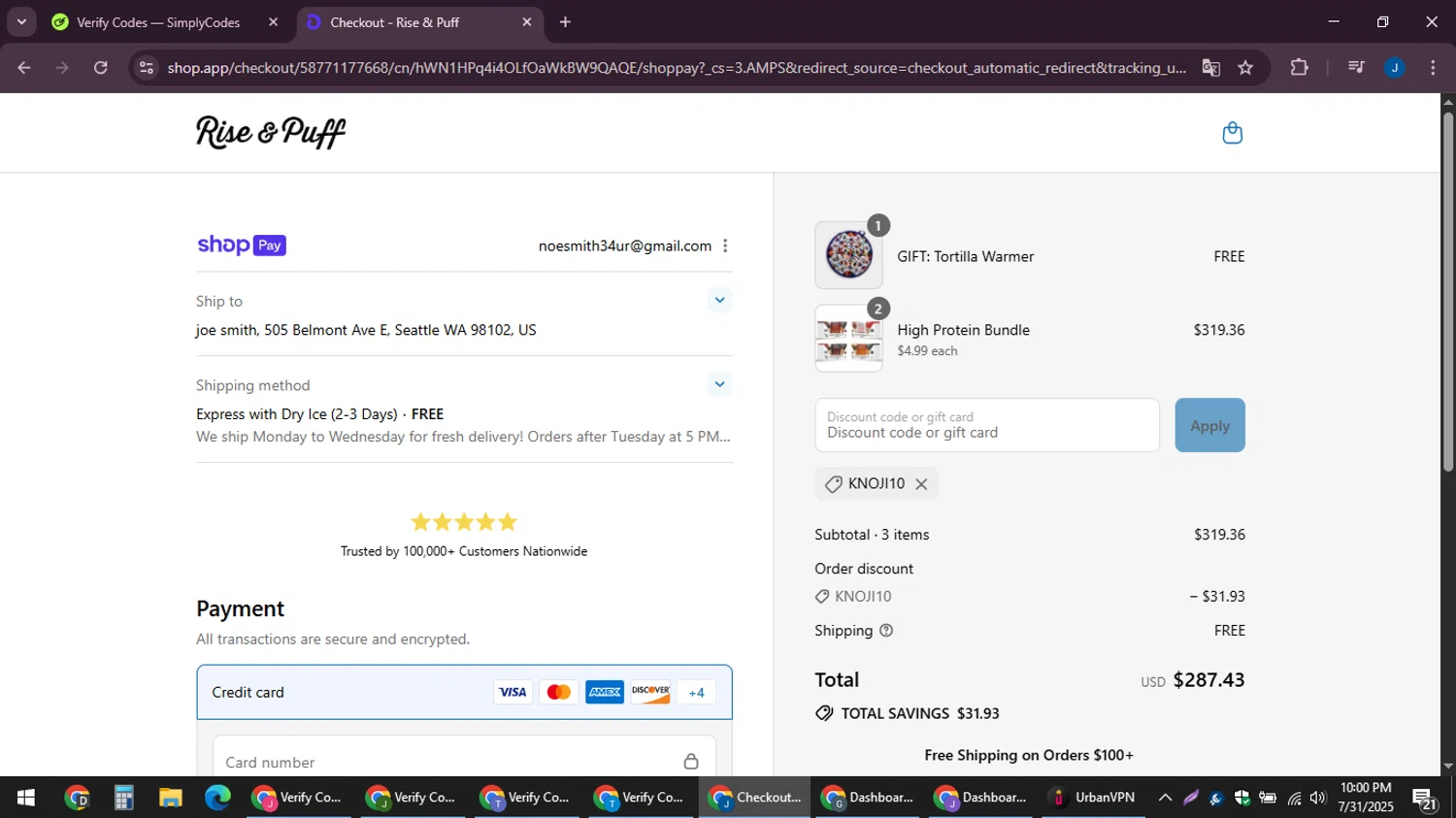 Rise & Puff Tortillas promo code screenshot showing code KNOJI10 applied at Rise & Puff Tortillas checkout page. Uploaded by SimplyCodes community member noesmith34ur on Aug 1, 2025
