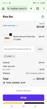 Rise Bar coupon verification screenshot