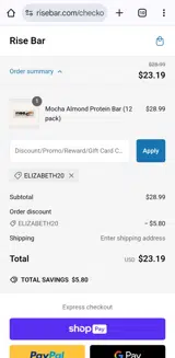 Rise Bar coupon verification screenshot
