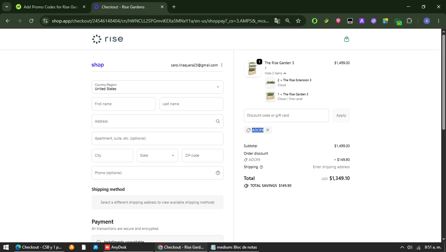 Rise Gardens promo code screenshot showing code ADCR9 applied at Rise Gardens checkout page. Uploaded by SimplyCodes community member Carolina23 on May 19, 2026