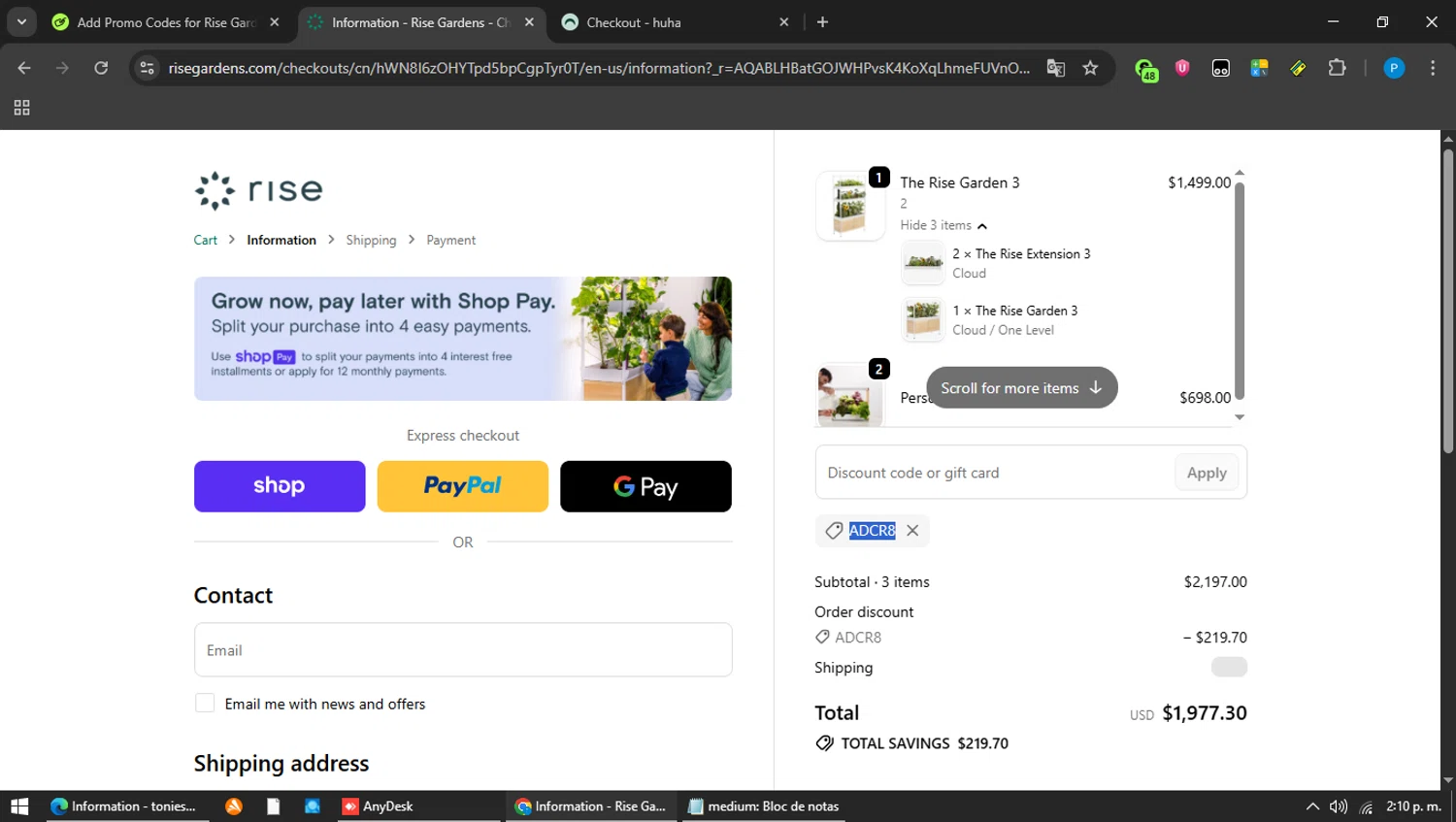 Rise Gardens promo code screenshot showing code ADCR8 applied at Rise Gardens checkout page. Uploaded by SimplyCodes community member MAVESA on May 7, 2026