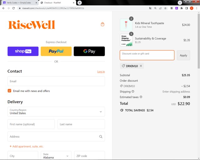 Risewell checkout page showing Risewell discount code box | Screenshot taken by SimplyCodes community member on Mar 20, 2024