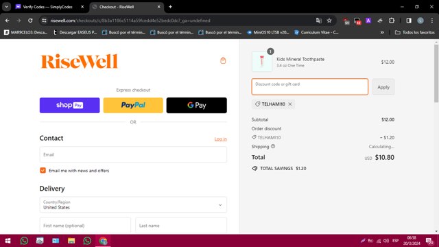 Risewell checkout page showing Risewell discount code box | Screenshot taken by SimplyCodes community member on Mar 20, 2024