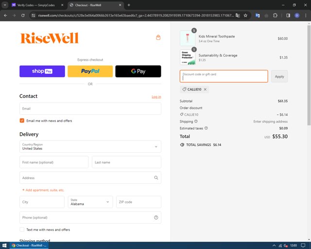 Risewell checkout page showing Risewell discount code box | Screenshot taken by SimplyCodes community member on Mar 17, 2024