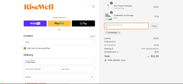Risewell checkout page showing Risewell discount code box | Screenshot taken by SimplyCodes community member on Mar 17, 2024