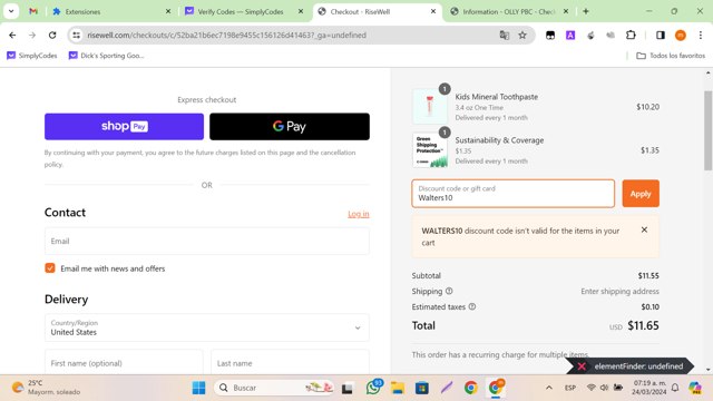 Risewell checkout page showing Risewell discount code box | Screenshot taken by SimplyCodes community member on Mar 24, 2024