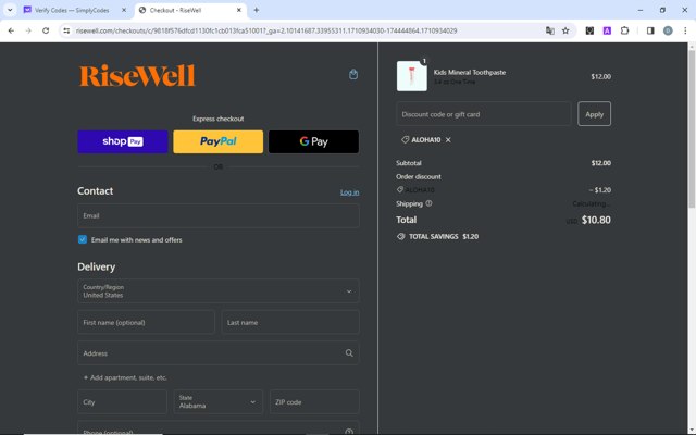 Risewell checkout page showing Risewell discount code box | Screenshot taken by SimplyCodes community member on Mar 20, 2024