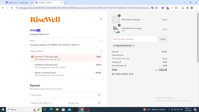 Risewell checkout page showing Risewell discount code box | Screenshot taken by SimplyCodes community member on Mar 27, 2024