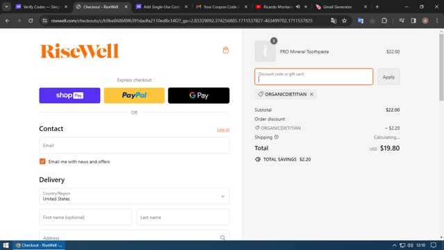 Risewell checkout page showing Risewell discount code box | Screenshot taken by SimplyCodes community member on Mar 27, 2024