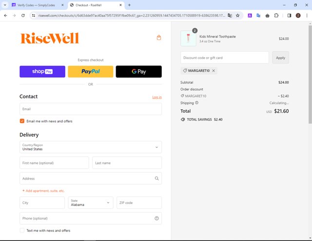 Risewell checkout page showing Risewell discount code box | Screenshot taken by SimplyCodes community member on Mar 16, 2024