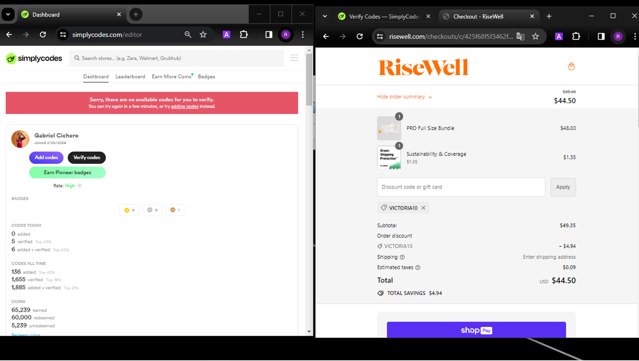 Risewell checkout page showing Risewell discount code box | Screenshot taken by SimplyCodes community member on Apr 9, 2024