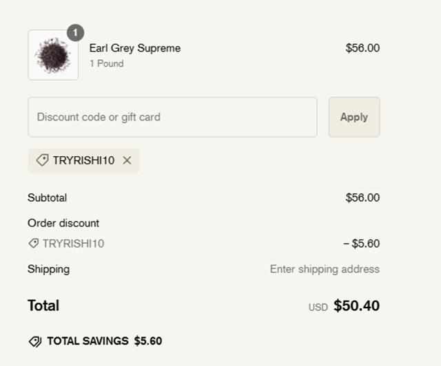 Rishi Tea & Botanicals checkout page showing Rishi Tea & Botanicals promo code box | Screenshot taken by SimplyCodes community member on Nov 8, 2024