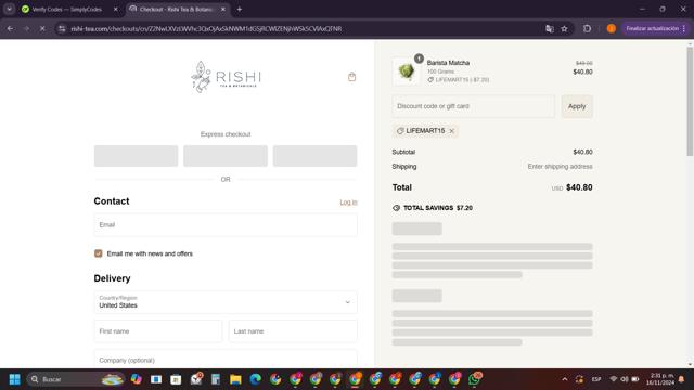 Rishi Tea & Botanicals checkout page showing Rishi Tea & Botanicals promo code box | Screenshot taken by SimplyCodes community member on Nov 16, 2024