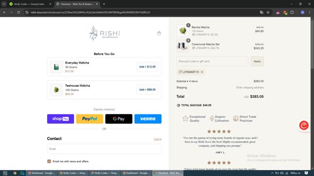 Rishi Tea & Botanicals checkout page showing Rishi Tea & Botanicals promo code box | Screenshot taken by SimplyCodes community member on Nov 9, 2024