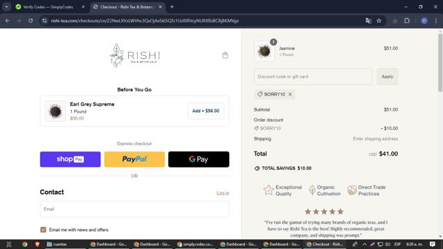 Rishi Tea & Botanicals checkout page showing Rishi Tea & Botanicals promo code box | Screenshot taken by SimplyCodes community member on Oct 28, 2024