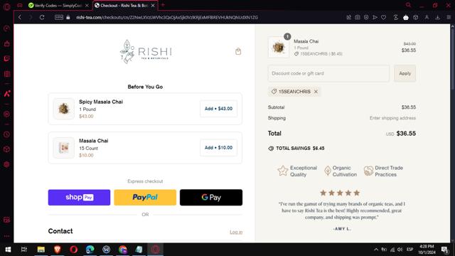 Rishi Tea & Botanicals checkout page showing Rishi Tea & Botanicals promo code box | Screenshot taken by SimplyCodes community member on Oct 1, 2024