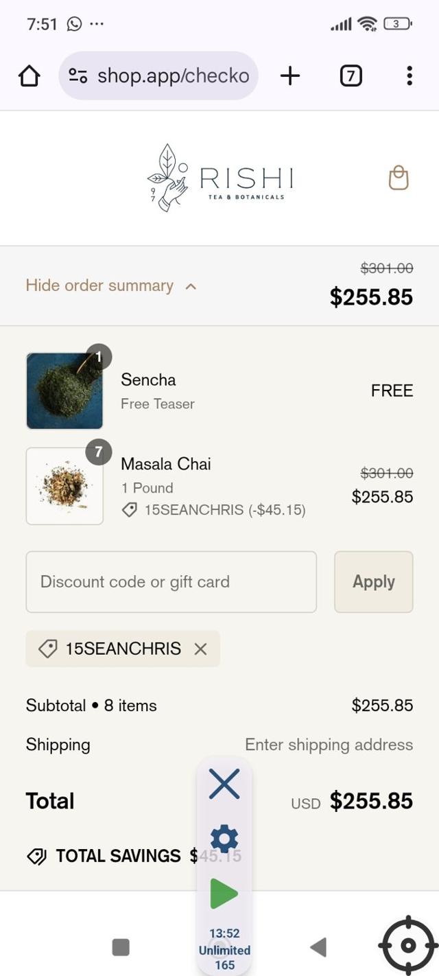 Rishi Tea & Botanicals checkout page showing Rishi Tea & Botanicals promo code box | Screenshot taken by SimplyCodes community member on Oct 14, 2024