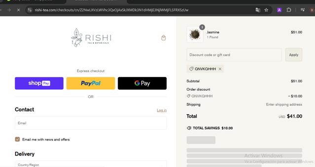 Rishi Tea & Botanicals checkout page showing Rishi Tea & Botanicals promo code box | Screenshot taken by SimplyCodes community member on Nov 4, 2024