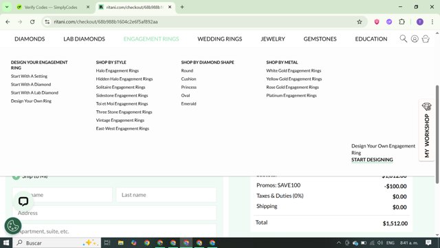 Ritani checkout page showing Ritani promo code box | Screenshot taken by SimplyCodes community member on Sep 4, 2025