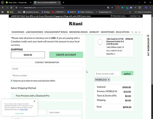 Ritani checkout page showing Ritani promo code box | Screenshot taken by SimplyCodes community member on Aug 22, 2025