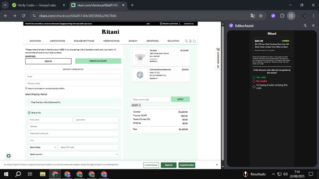 Ritani checkout page showing Ritani promo code box | Screenshot taken by SimplyCodes community member on Aug 22, 2025