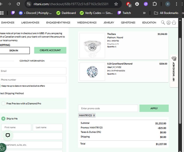 Ritani checkout page showing Ritani promo code box | Screenshot taken by SimplyCodes community member on Aug 29, 2025