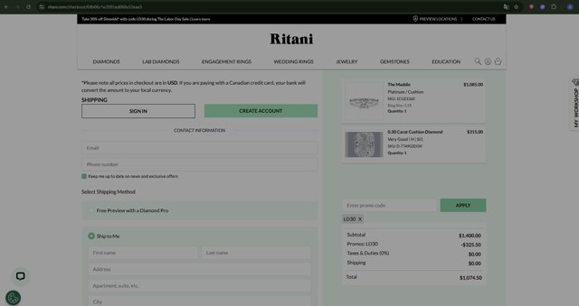Ritani checkout page showing Ritani promo code box | Screenshot taken by SimplyCodes community member on Aug 28, 2025