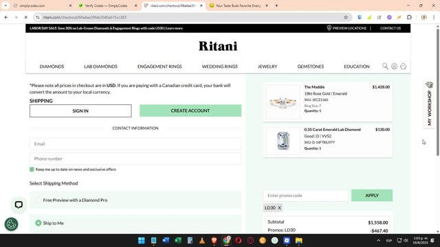 Ritani checkout page showing Ritani promo code box | Screenshot taken by SimplyCodes community member on Aug 19, 2025