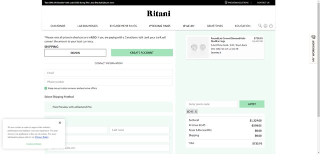Ritani checkout page showing Ritani promo code box | Screenshot taken by SimplyCodes community member on Aug 31, 2025