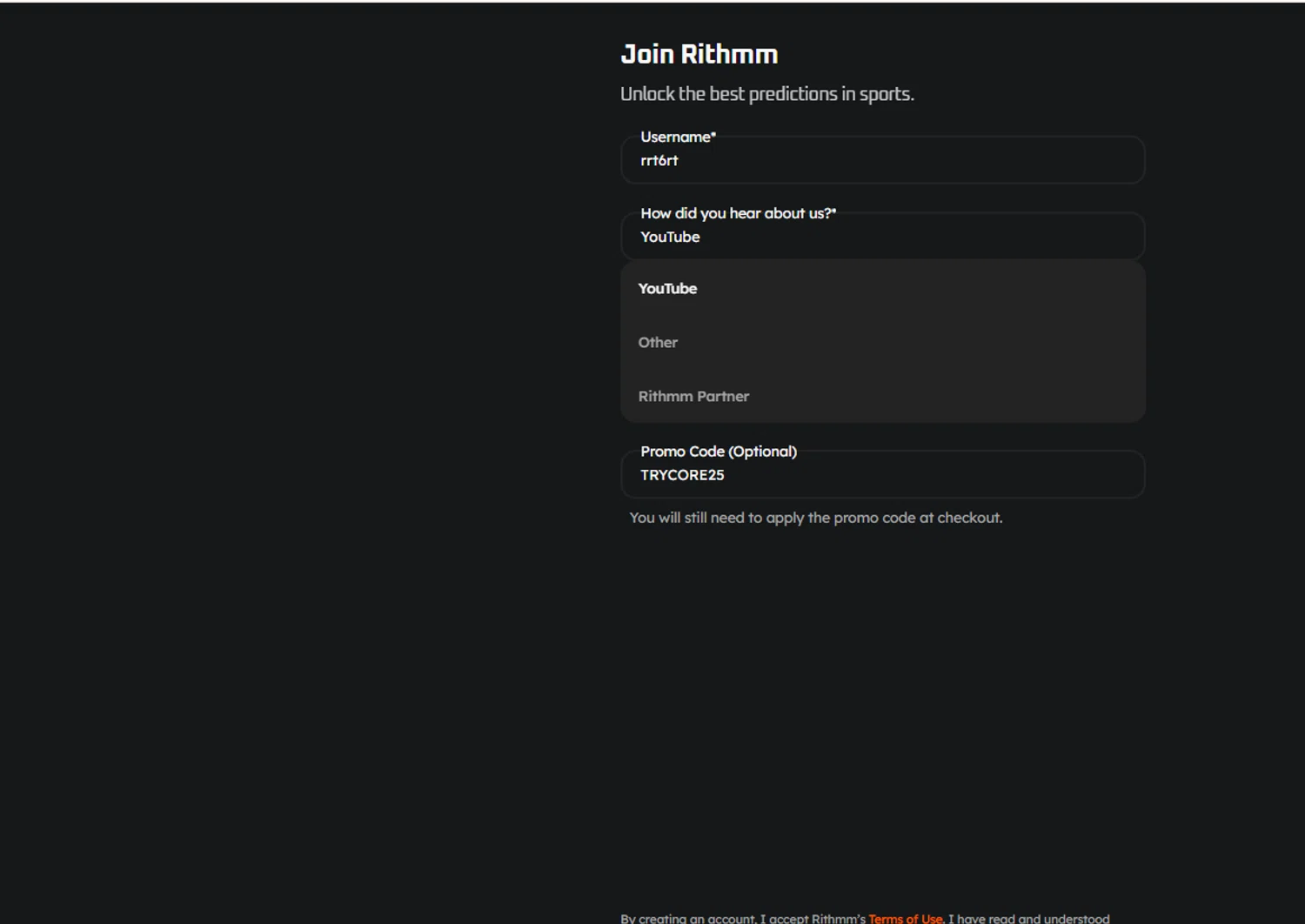 Rithmm AI promo code screenshot showing code TRYCORE25 applied at Rithmm AI checkout page. Uploaded by SimplyCodes community member BrilliantGuardian2105 on Nov 26, 2025